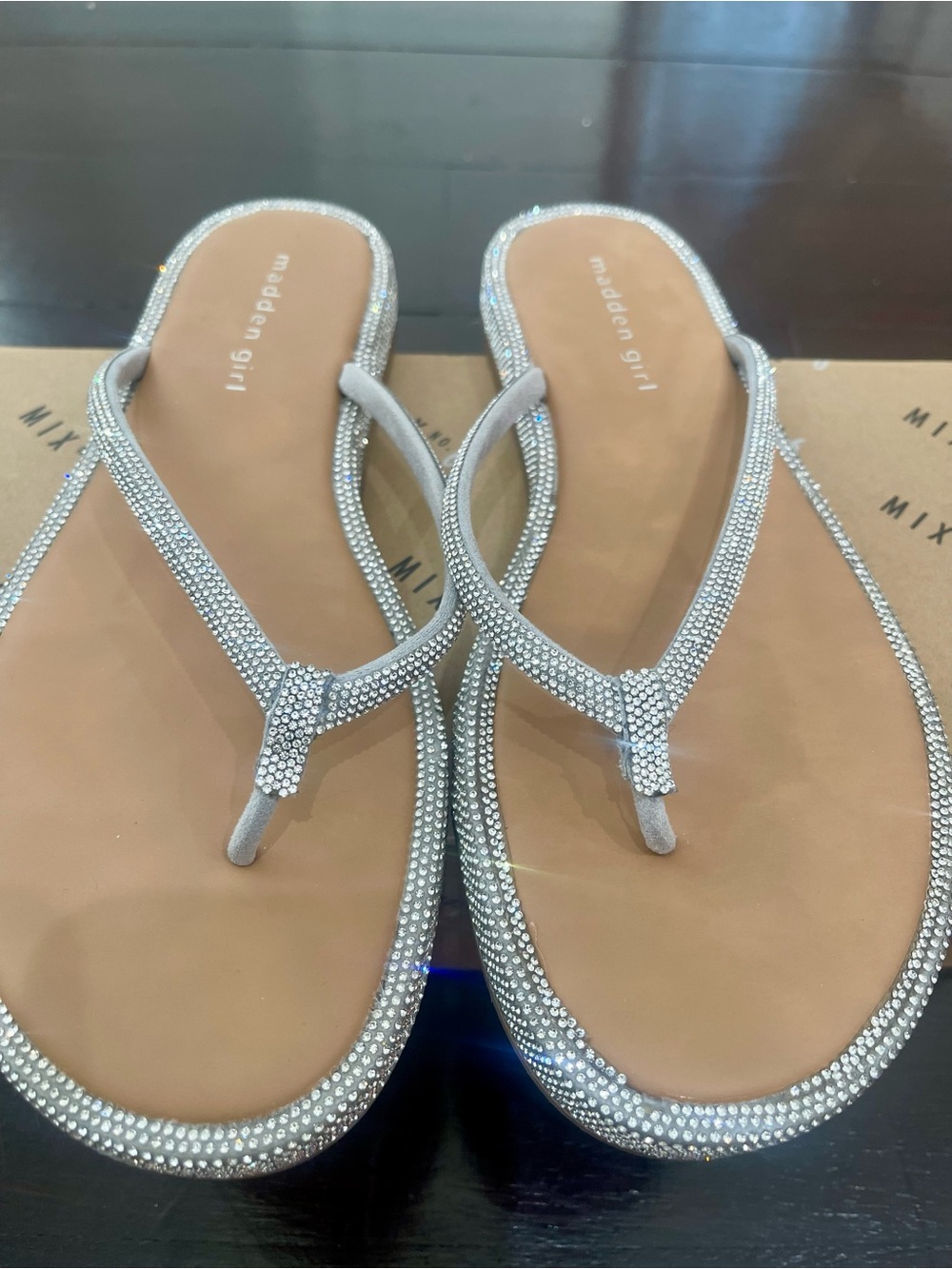 Madden Girl Silver Rhinestone T-Strap Flip Flops